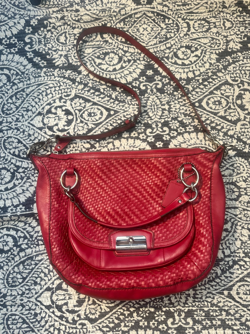 Coach Red Woven Leather Shoulder Bag with Silver-Tone Hardware